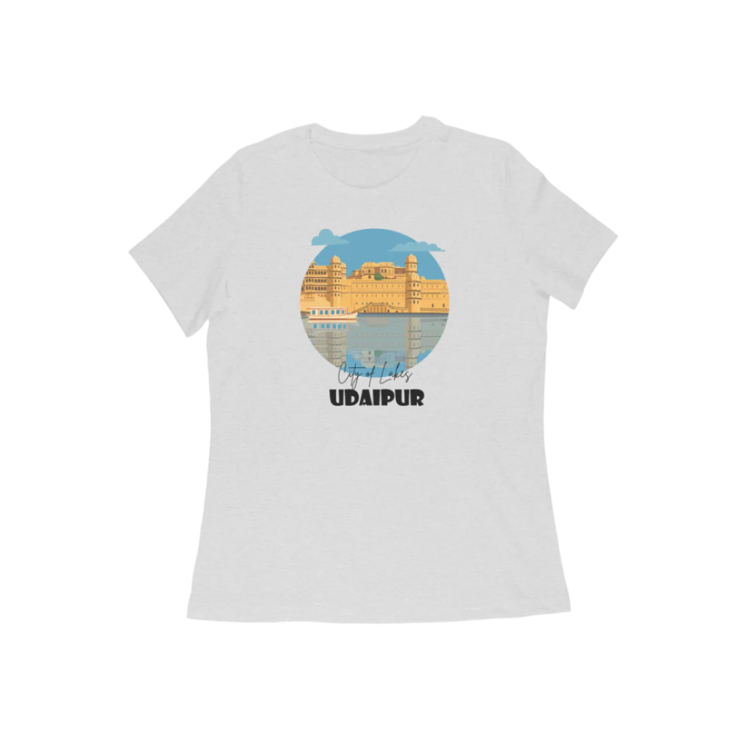 Udaipur Women's Melange Grey T-Shirt with City of Lakes graphic print featuring palace illustration and scenic lake view.