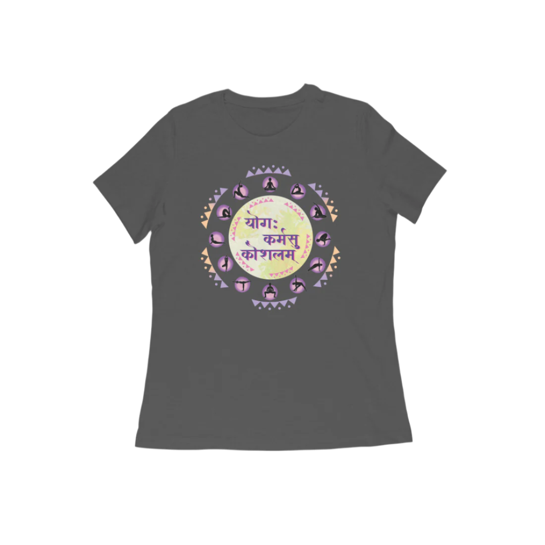 Yoga Women's round neck cotton t-shirt in charcoal grey featuring “योगः कर्मसु कौशलम्” Sanskrit quote and yoga posture artwork.