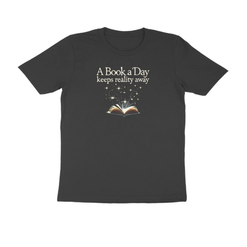 A Book A Day Men’s T-Shirt in black featuring quote “A Book A Day Keeps Reality Away,” soft cotton round neck reader t-shirt for book lovers by Store Asmi
