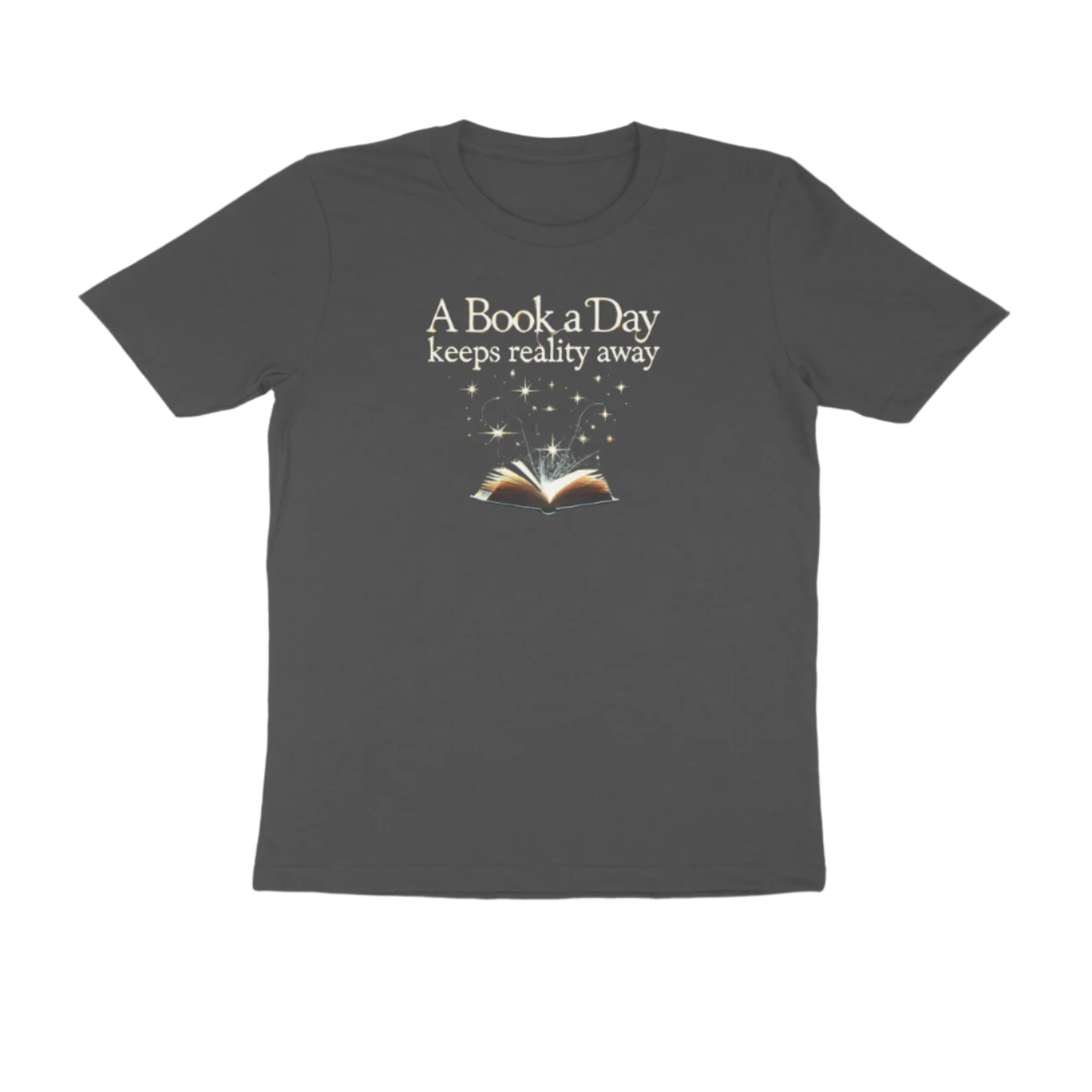 A Book A Day Men’s T-Shirt in charcoal grey featuring quote “A Book A Day Keeps Reality Away,” soft cotton round neck reader t-shirt for book lovers by Store Asmi