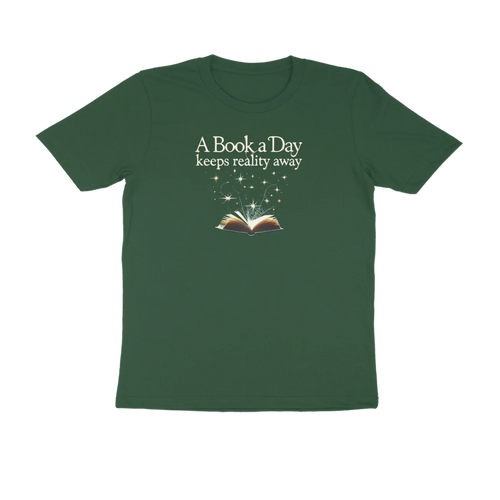 A Book A Day Men’s T-Shirt in olive green featuring quote “A Book A Day Keeps Reality Away,” soft cotton round neck reader t-shirt for book lovers by Store Asmi