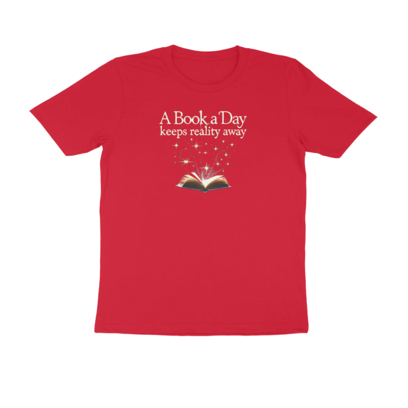 A Book A Day Men’s T-Shirt in red featuring quote “A Book A Day Keeps Reality Away,” soft cotton round neck reader t-shirt for book lovers by Store Asmi