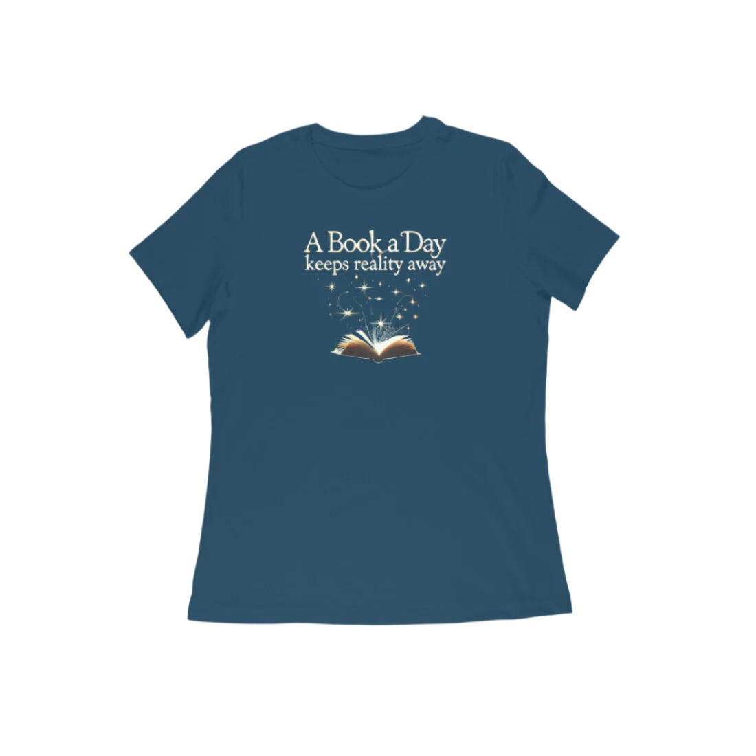 A Book A Day Women’s T-Shirt in navy blue with quote “A Book A Day Keeps Reality Away,” soft cotton reader graphic tee for book lovers by Store Asmi
