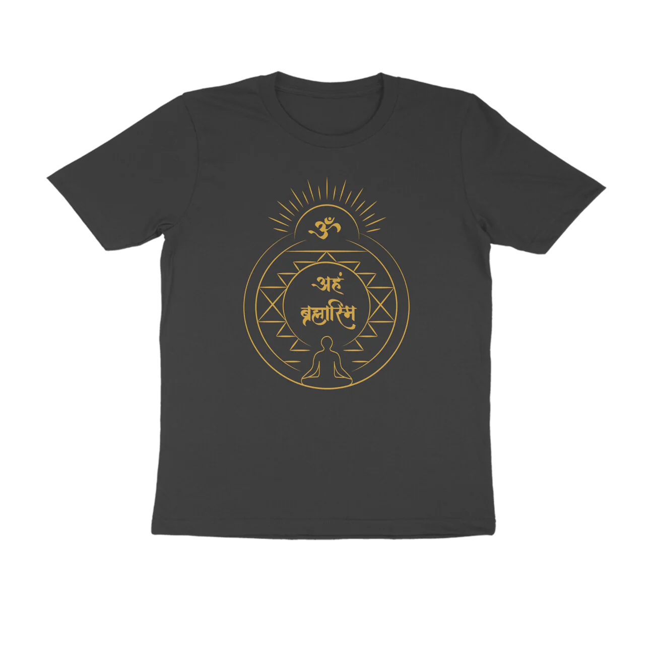 Aham Brahmasmi Men’s T-Shirt in black color from Store Asmi featuring Om and Sanskrit quote design.