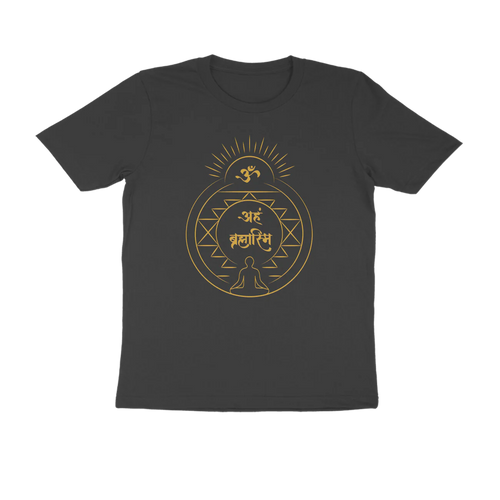 Aham Brahmasmi Men’s T-Shirt in black color from Store Asmi featuring Om and Sanskrit quote design.