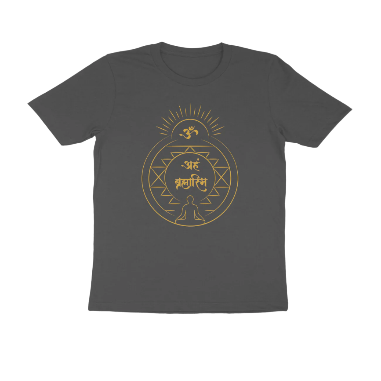 Aham Brahmasmi Men’s T-Shirt in charcoal grey color from Store Asmi featuring Om and Sanskrit quote design.