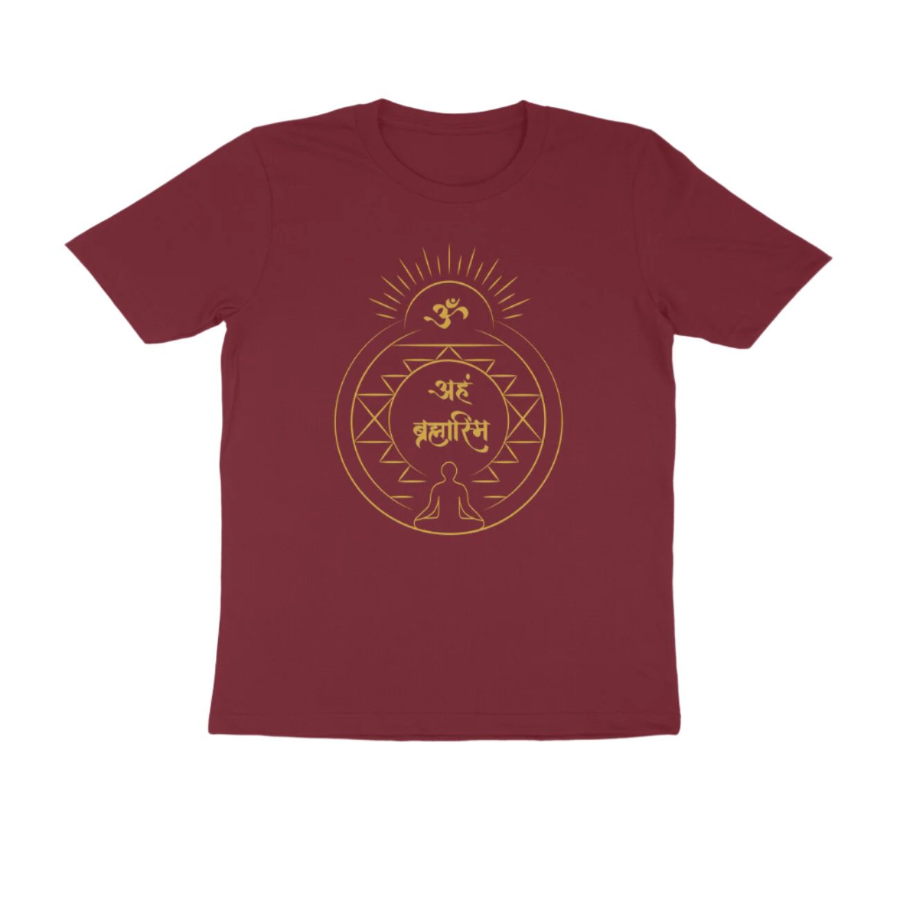 Aham Brahmasmi Men’s T-Shirt in maroon color from Store Asmi featuring Om and Sanskrit quote design.
