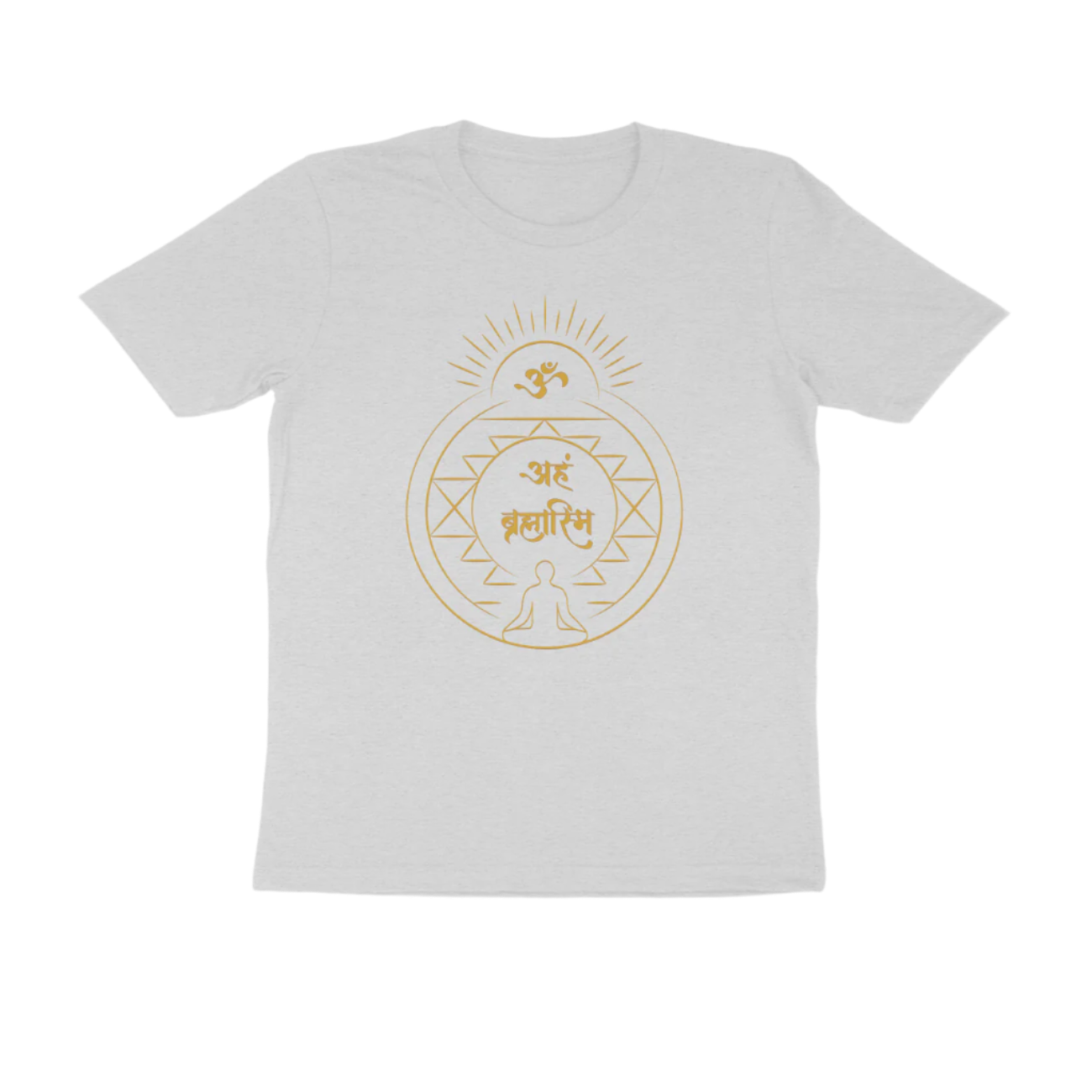 Aham Brahmasmi Men’s T-Shirt in melange grey color from Store Asmi featuring Om and Sanskrit quote design.