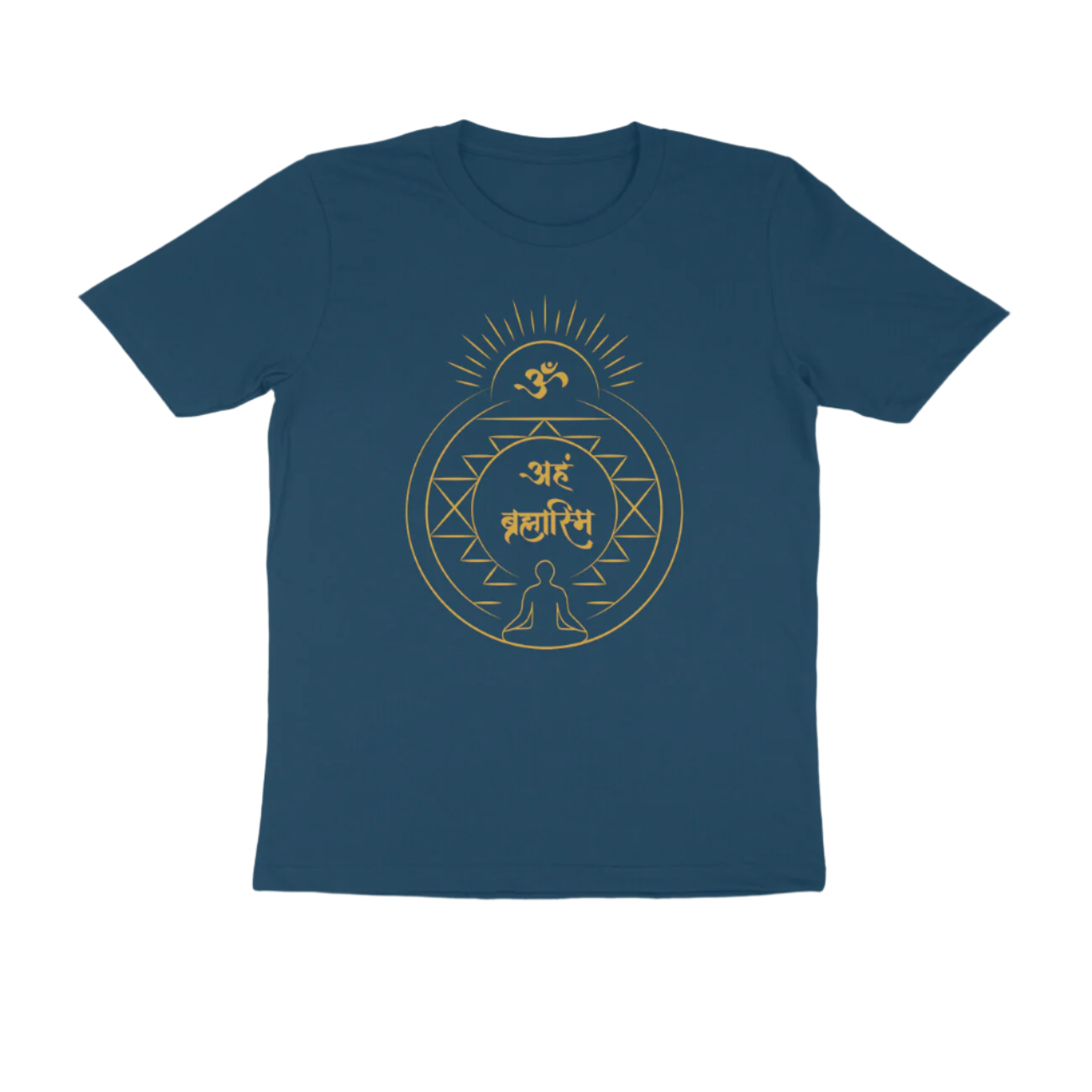Aham Brahmasmi Men’s T-Shirt in navy blue color from Store Asmi featuring Om and Sanskrit quote design.