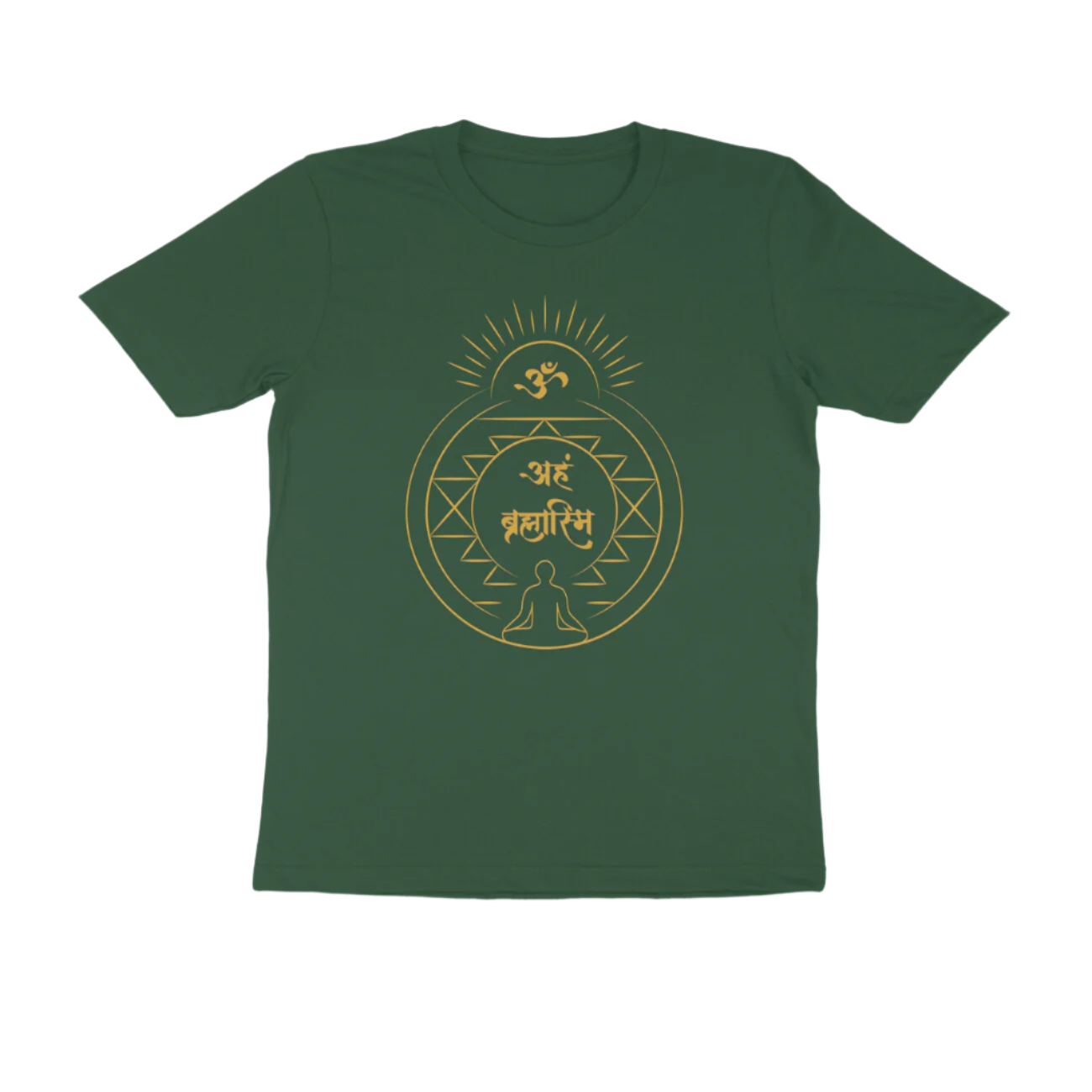 Aham Brahmasmi Men’s T-Shirt in olive green color from Store Asmi featuring Om and Sanskrit quote design.