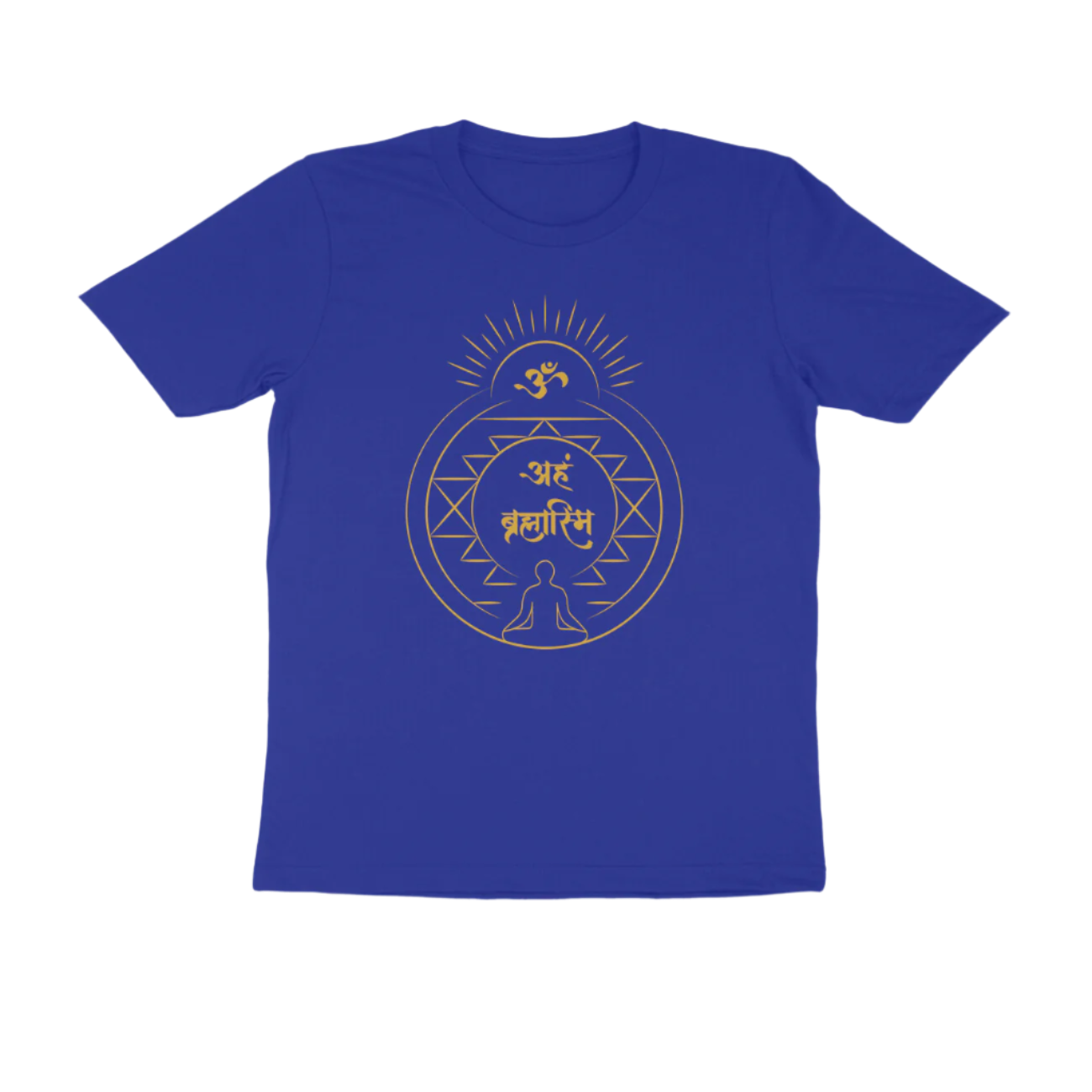 Aham Brahmasmi Men’s T-Shirt in royal blue color from Store Asmi featuring Om and Sanskrit quote design.