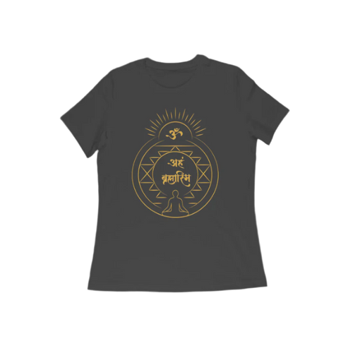 Aham Brahmasmi Women’s T-Shirt in black color from Store Asmi featuring Sanskrit quote and Om symbol design.