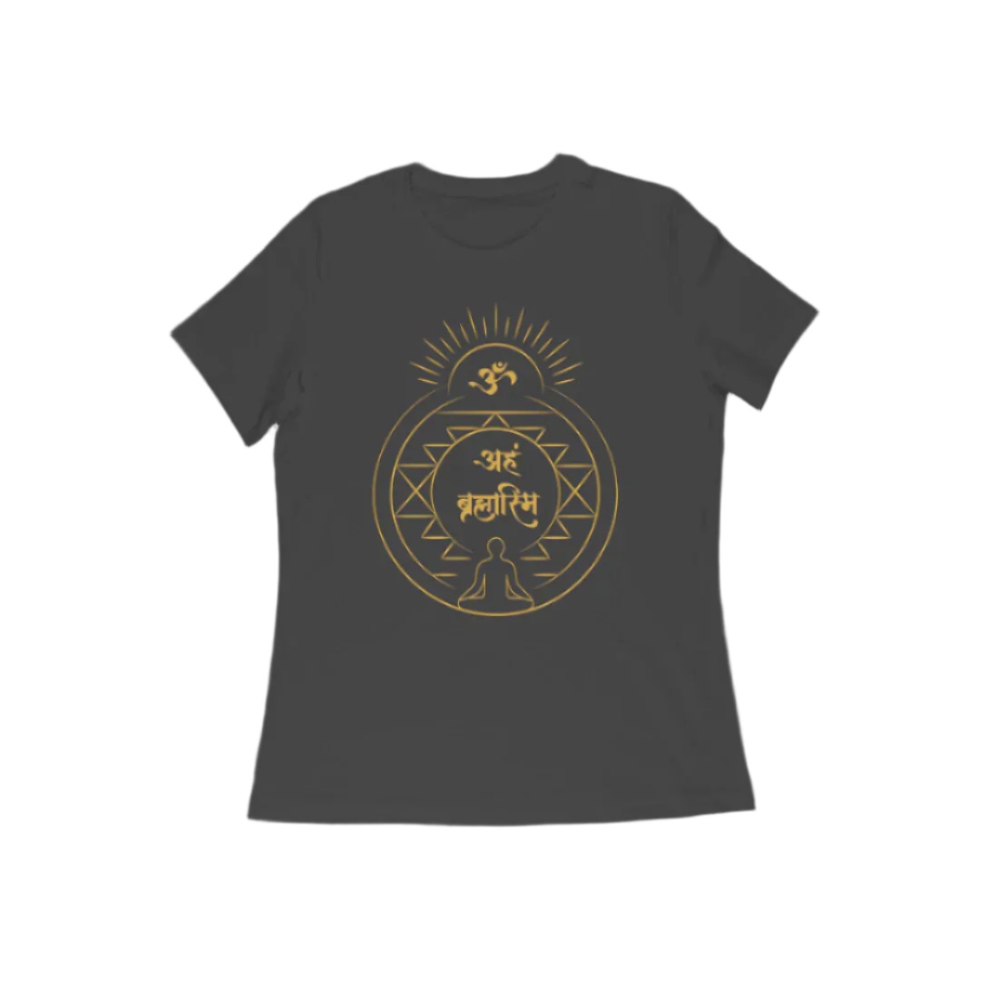 Aham Brahmasmi Women’s T-Shirt in charcoal grey color from Store Asmi featuring Sanskrit quote and Om symbol design