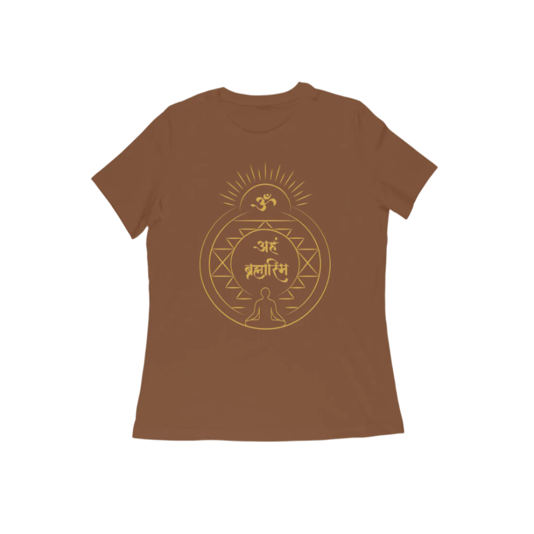 Aham Brahmasmi Women’s T-Shirt in coffee brown color from Store Asmi featuring Sanskrit quote and Om symbol design.