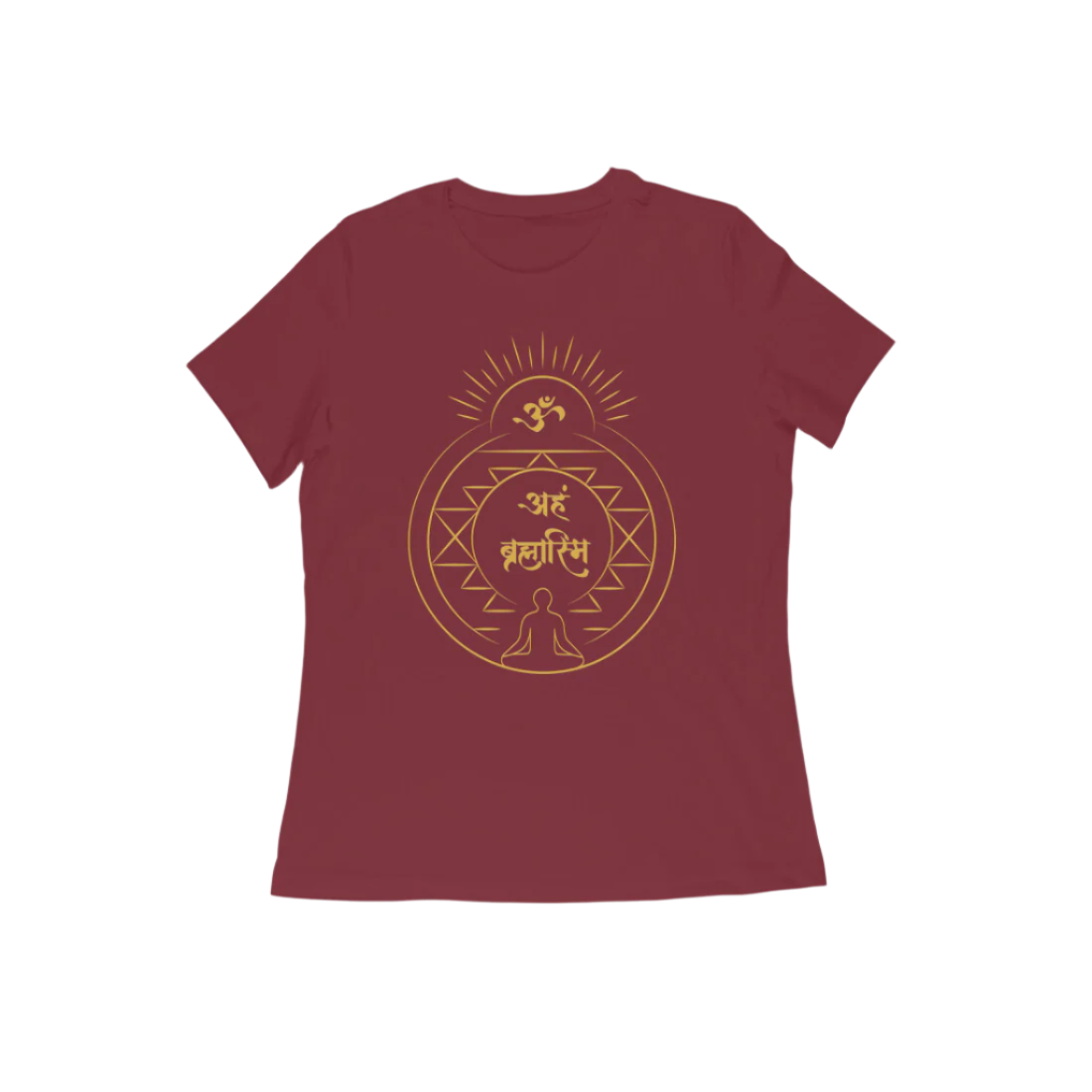 Aham Brahmasmi Women’s T-Shirt in maroon color from Store Asmi featuring Sanskrit quote and Om symbol design.