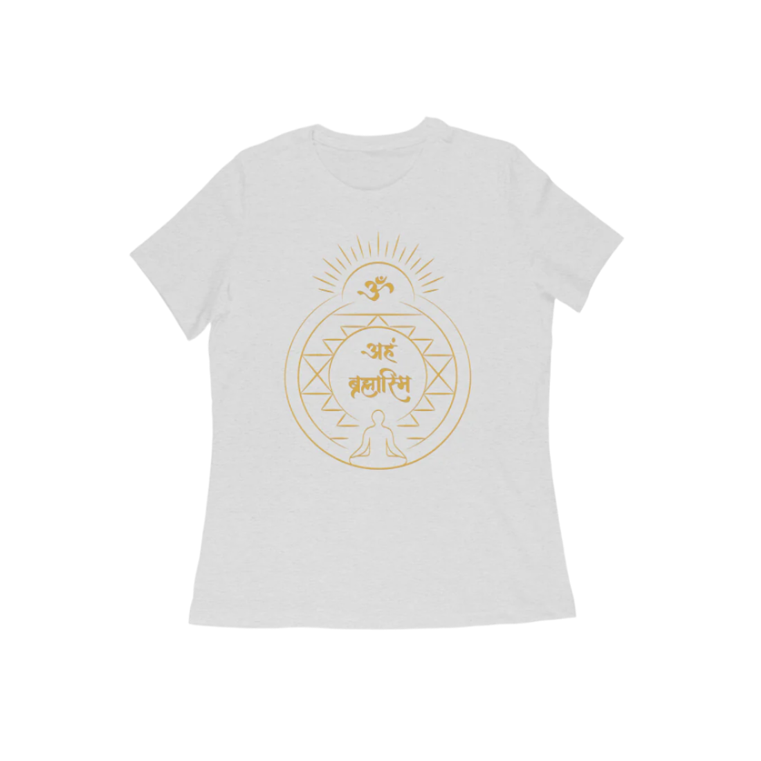 Aham Brahmasmi Women’s T-Shirt in melange grey color from Store Asmi featuring Sanskrit quote and Om symbol design.