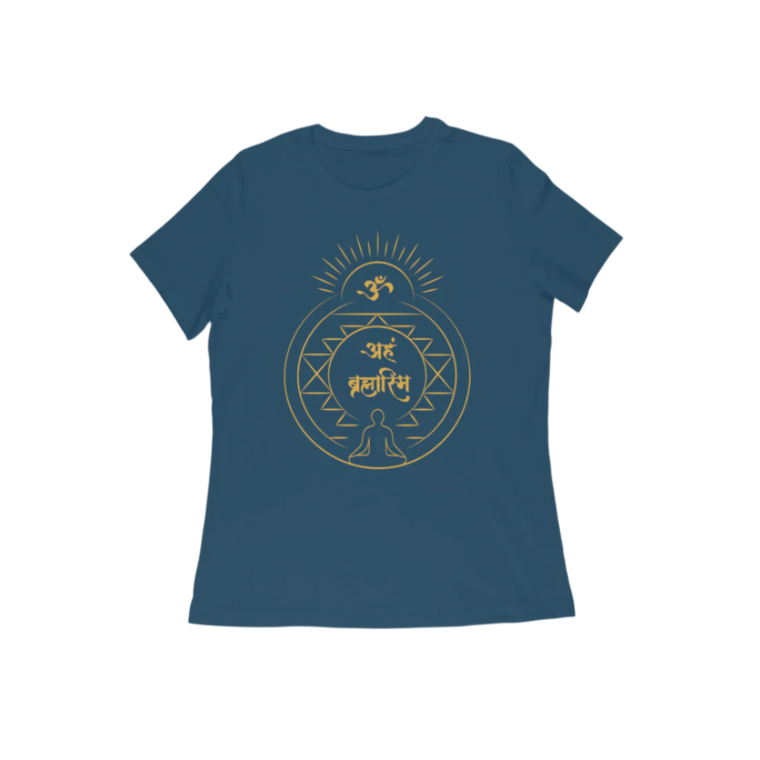 Aham Brahmasmi Women’s T-Shirt in navy blue color from Store Asmi featuring Sanskrit quote and Om symbol design.