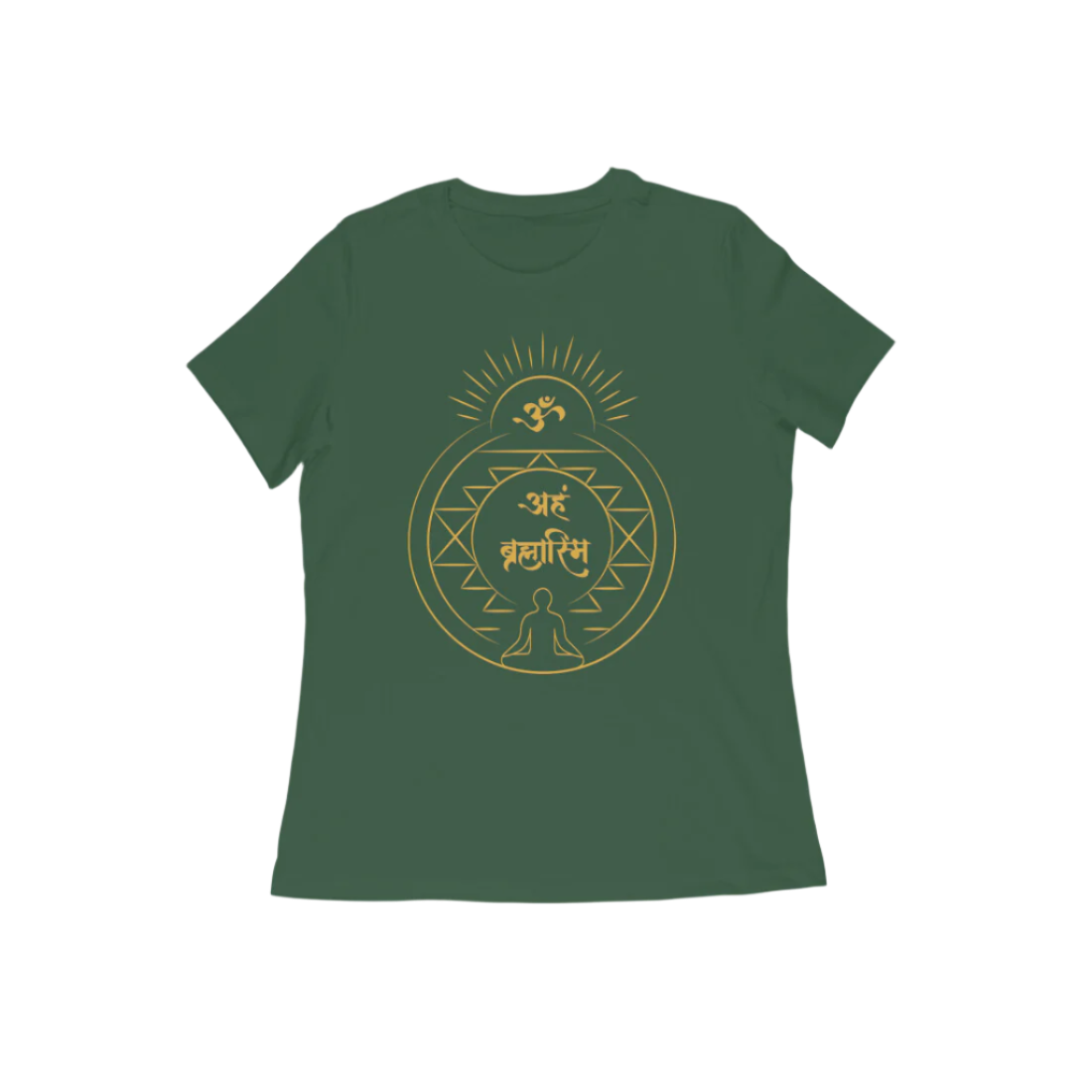 Aham Brahmasmi Women’s T-Shirt in olive green color from Store Asmi featuring Sanskrit quote and Om symbol design.