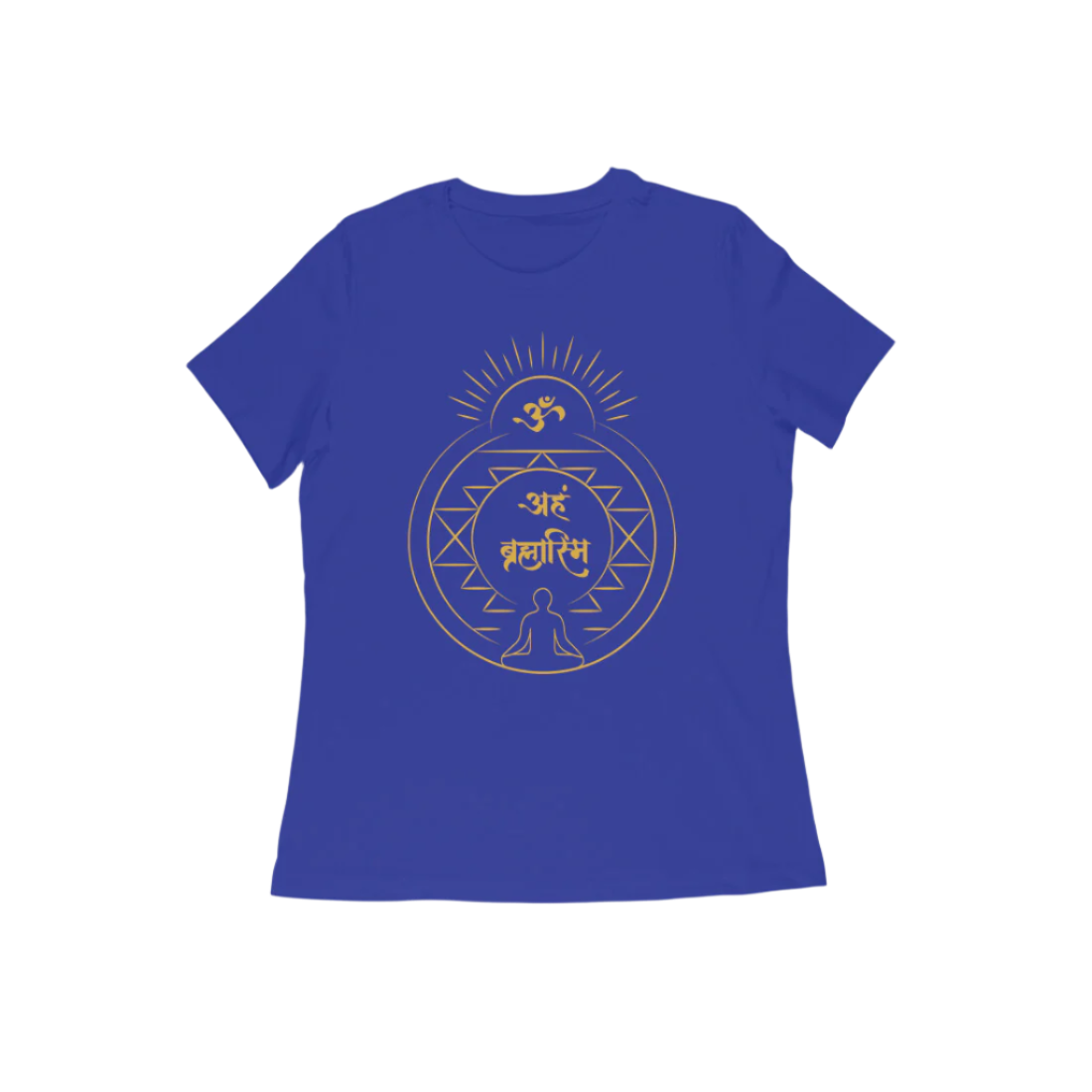 Aham Brahmasmi Women’s T-Shirt in royal blue color from Store Asmi featuring Sanskrit quote and Om symbol design.
