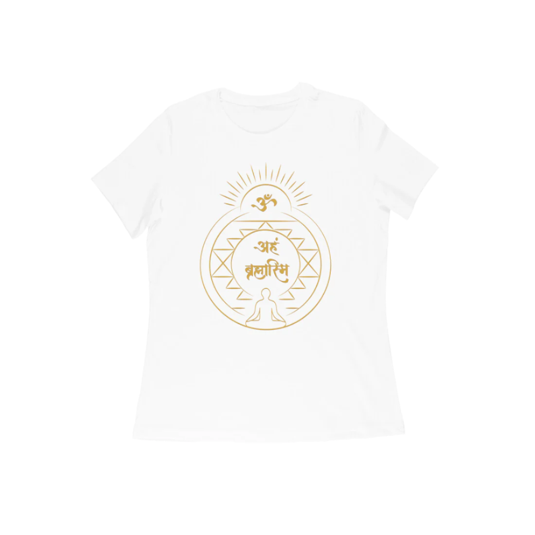 Aham Brahmasmi Women’s T-Shirt in white color from Store Asmi featuring Sanskrit quote and Om symbol design.