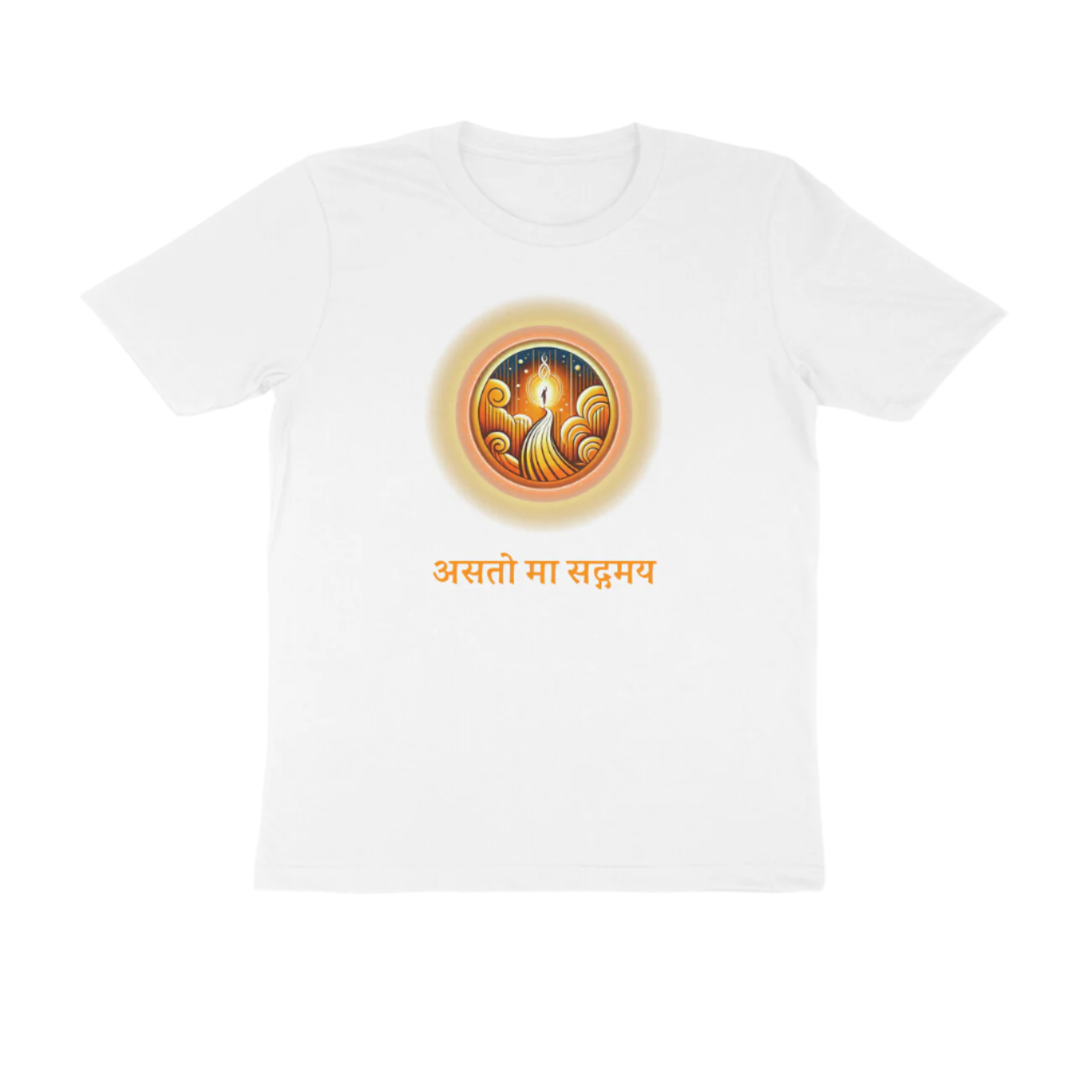 Asato Ma Men’s T-Shirt in white with “असतो मा सद्गमय” Sanskrit quote and diya illustration, soft cotton spiritual graphic tee by Store Asmi