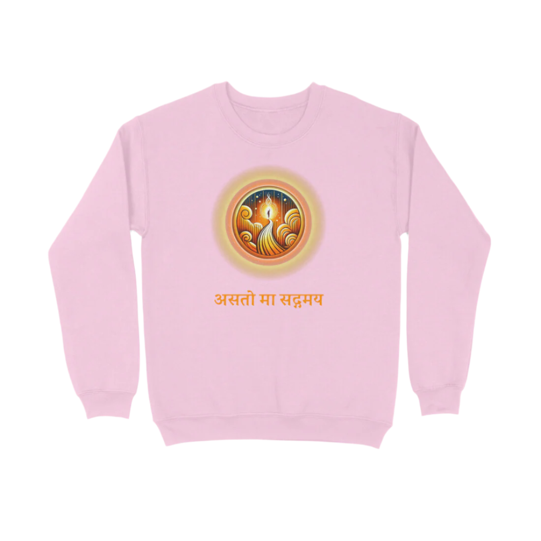 Asato Ma Unisex Sweatshirt in light pink with “असतो मा सद्गमय” Sanskrit mantra and diya illustration, cozy spiritual wear by Store Asmi
