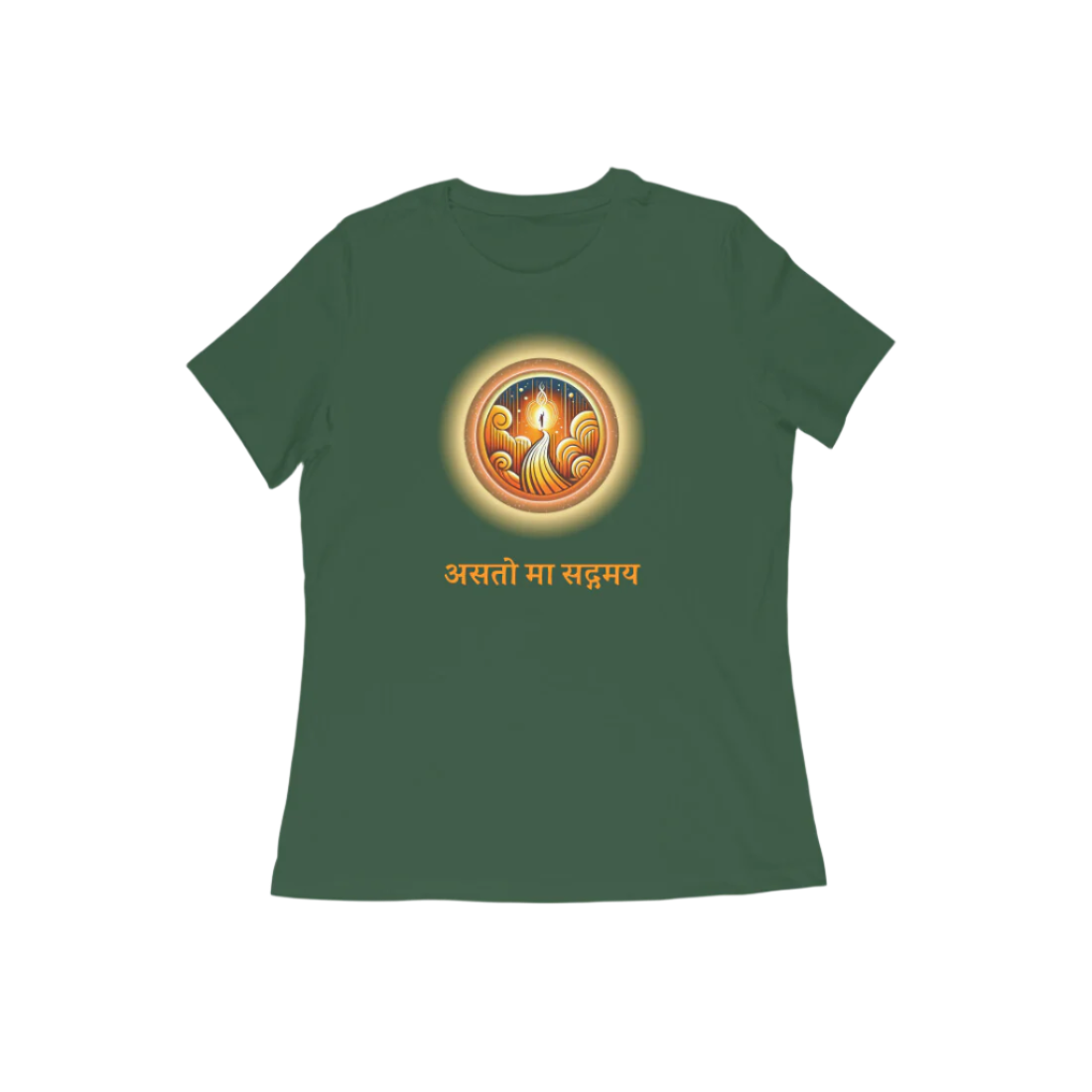 Asato Ma Women’s T-Shirt in olive green with “असतो मा सद्गमय” Sanskrit quote and diya illustration, soft cotton yoga and meditation tee by Store Asmi
