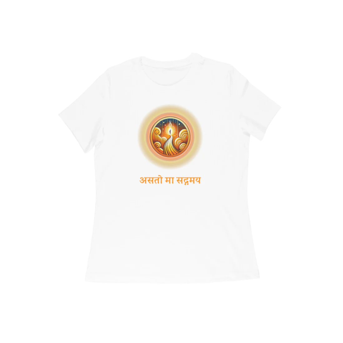 Asato Ma Women’s T-Shirt in white with “असतो मा सद्गमय” Sanskrit quote and diya illustration, soft cotton yoga and meditation tee by Store Asmi