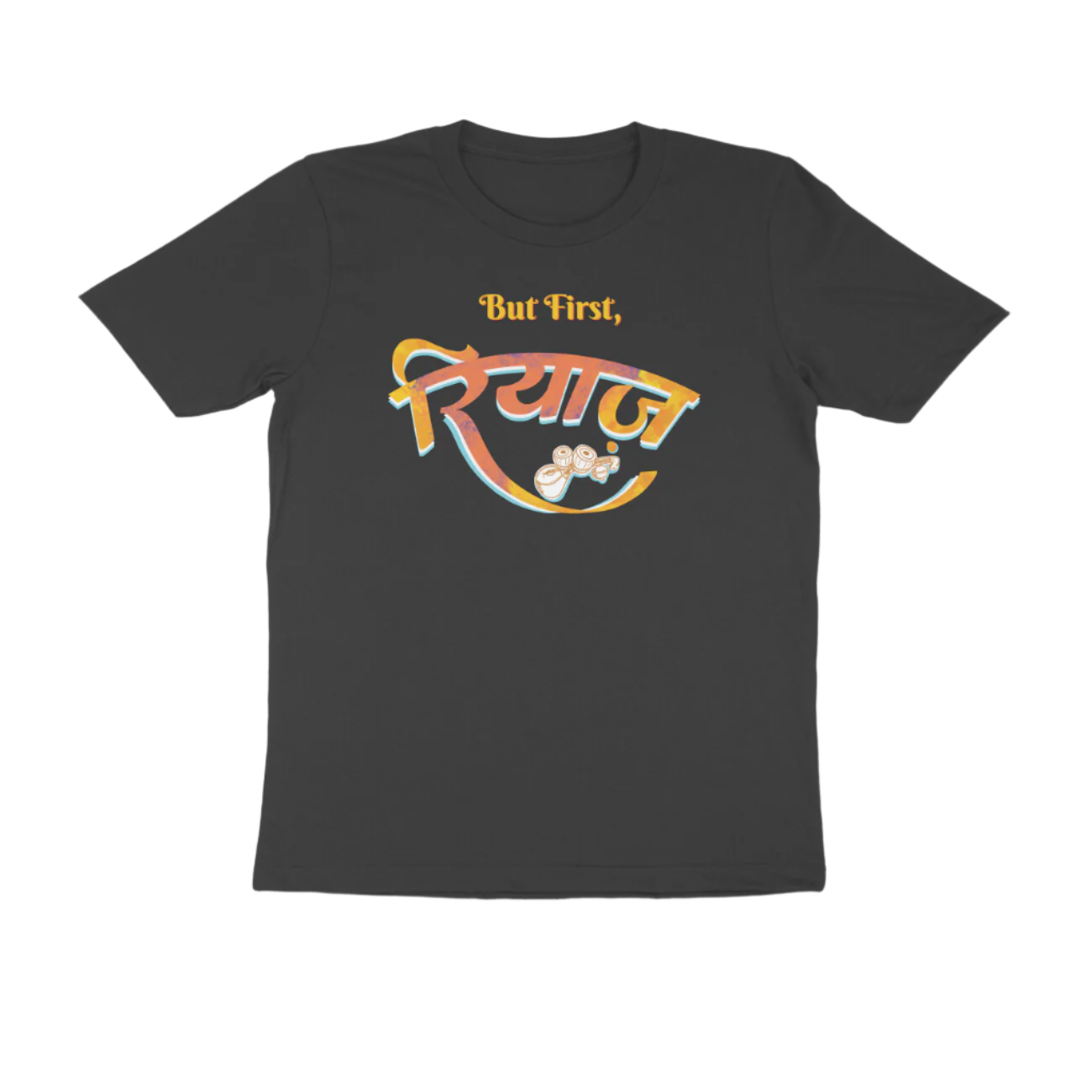 Black Riyaz men’s round neck music t-shirt with But First रियाज calligraphy and tabla artwork, a graphic printed classical cotton men’s t-shirt