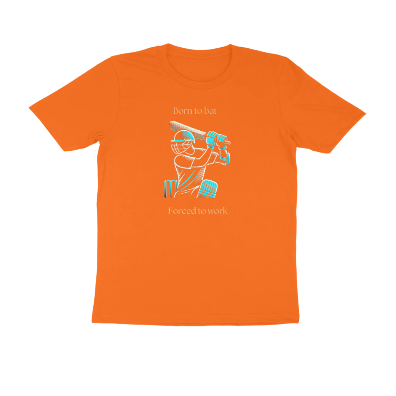 Born to Bat Men’s T-Shirt in orange color from Store Asmi featuring “Born to Bat, Forced to Work” cricket slogan graphic print.