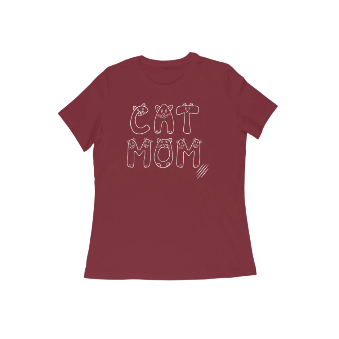 Cat Mom women’s maroon Animal Lover Gift T-Shirt with cute cat face typography design by Store Asmi