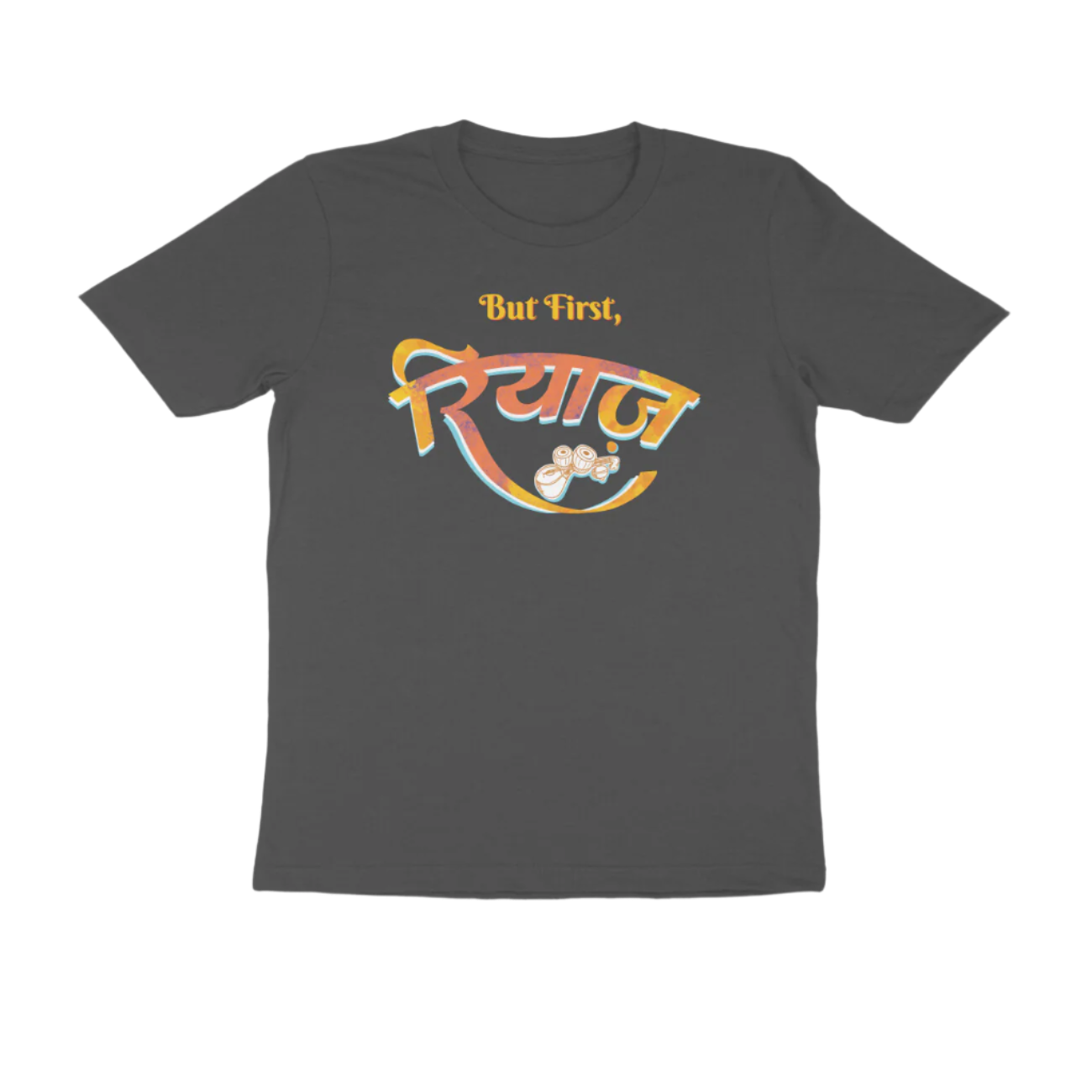 Charcoal Grey Riyaz men’s round neck music t-shirt with But First रियाज calligraphy and tabla artwork, a graphic printed classical cotton men’s t-shirt