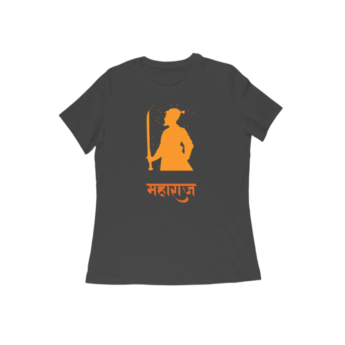 Chhatrapati Shivaji Maharaj Women’s T-Shirt black with महाराज text and warrior king illustration symbolizing Sanatan strength by Store Asmi