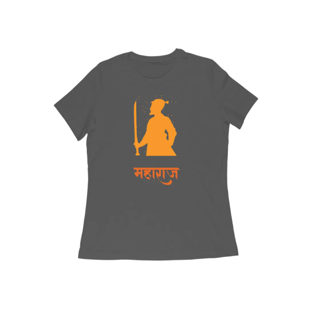 Chhatrapati Shivaji Maharaj Women’s T-Shirt charcoal grey with महाराज text and warrior king illustration symbolizing Sanatan strength by Store Asmi