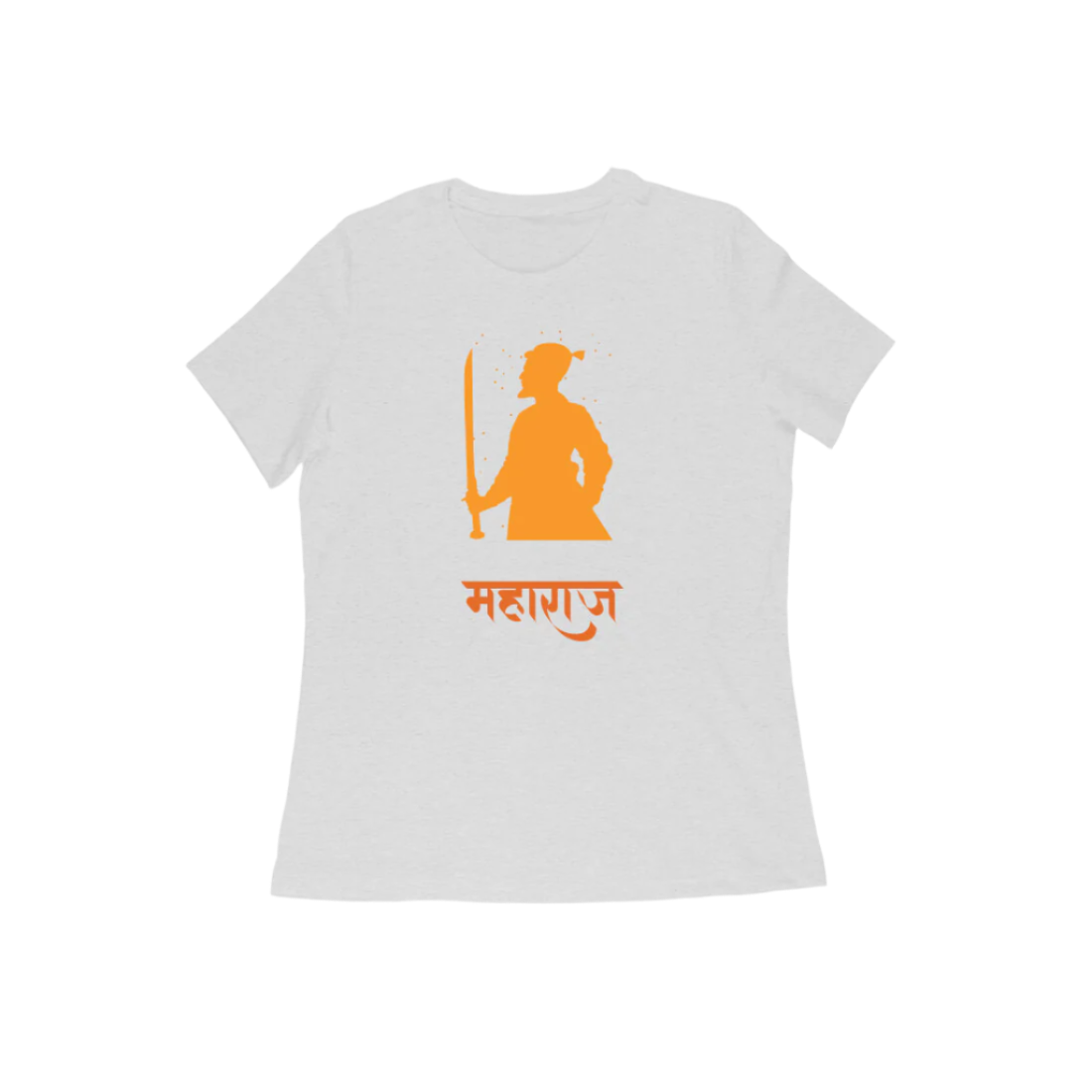 Chhatrapati Shivaji Maharaj Women’s T-Shirt melange grey with महाराज text and warrior king illustration symbolizing Sanatan strength by Store Asmi