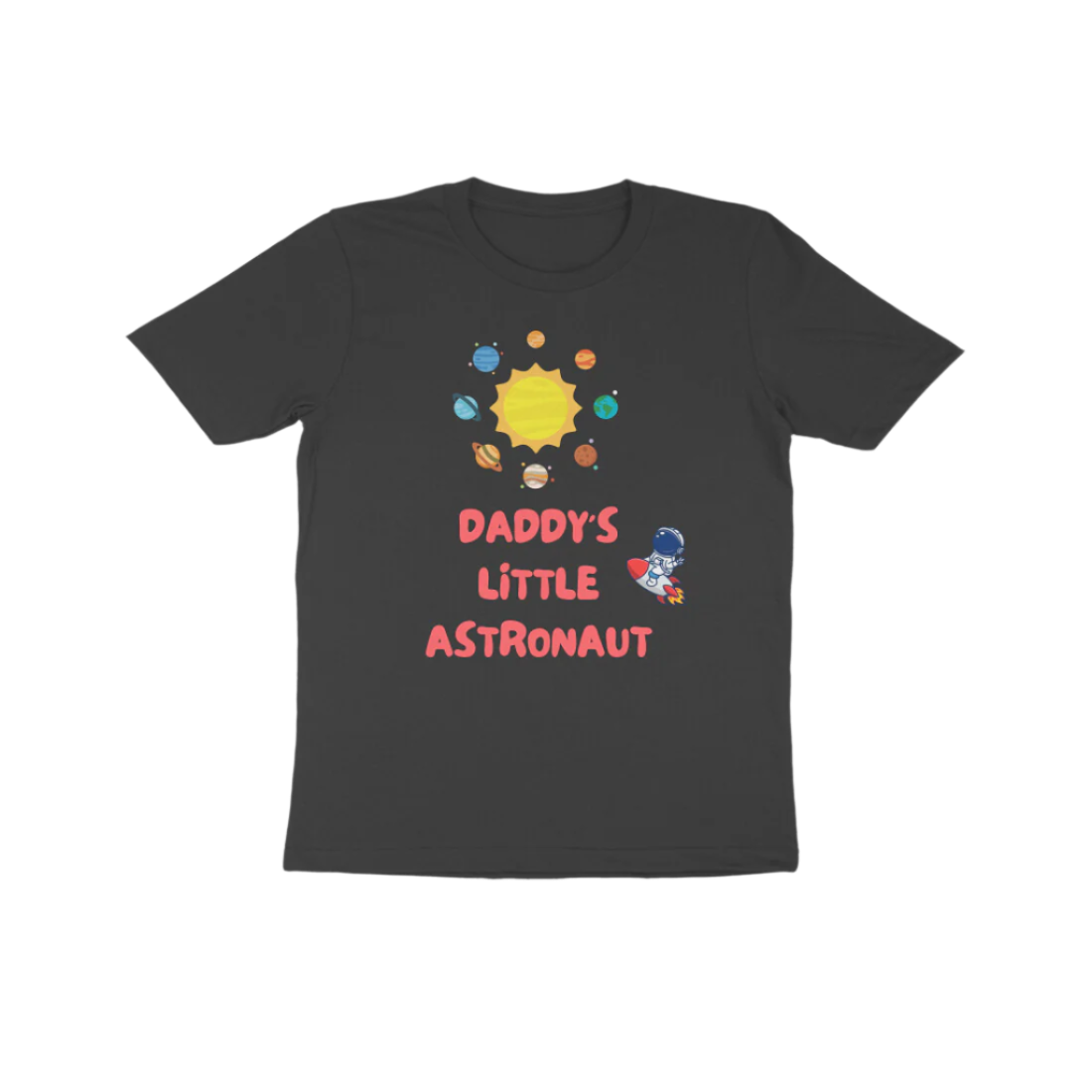 Daddy’s Little Astronaut Kid’s T-Shirt in black color from Store Asmi featuring astronaut space theme design.