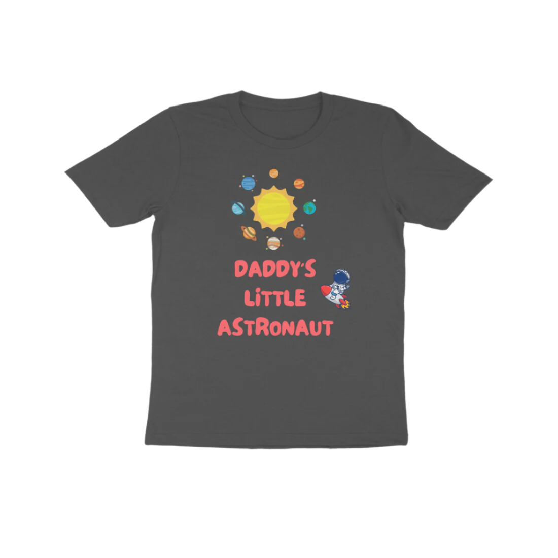 Daddy’s Little Astronaut Kid’s T-Shirt in charcoal grey color from Store Asmi featuring astronaut space theme design.