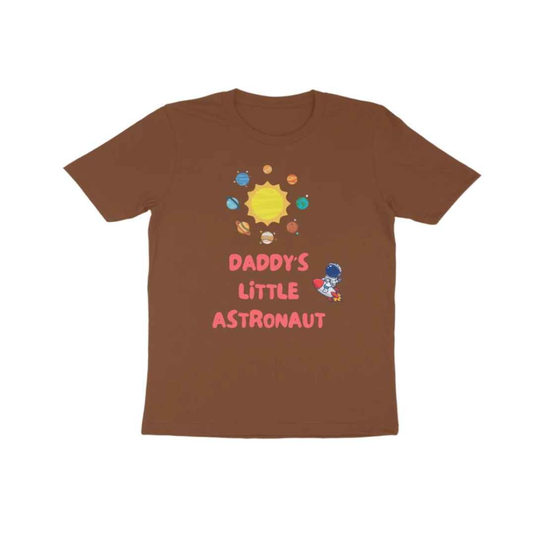 Daddy’s Little Astronaut Kid’s T-Shirt in coffee brown color from Store Asmi featuring astronaut space theme design.