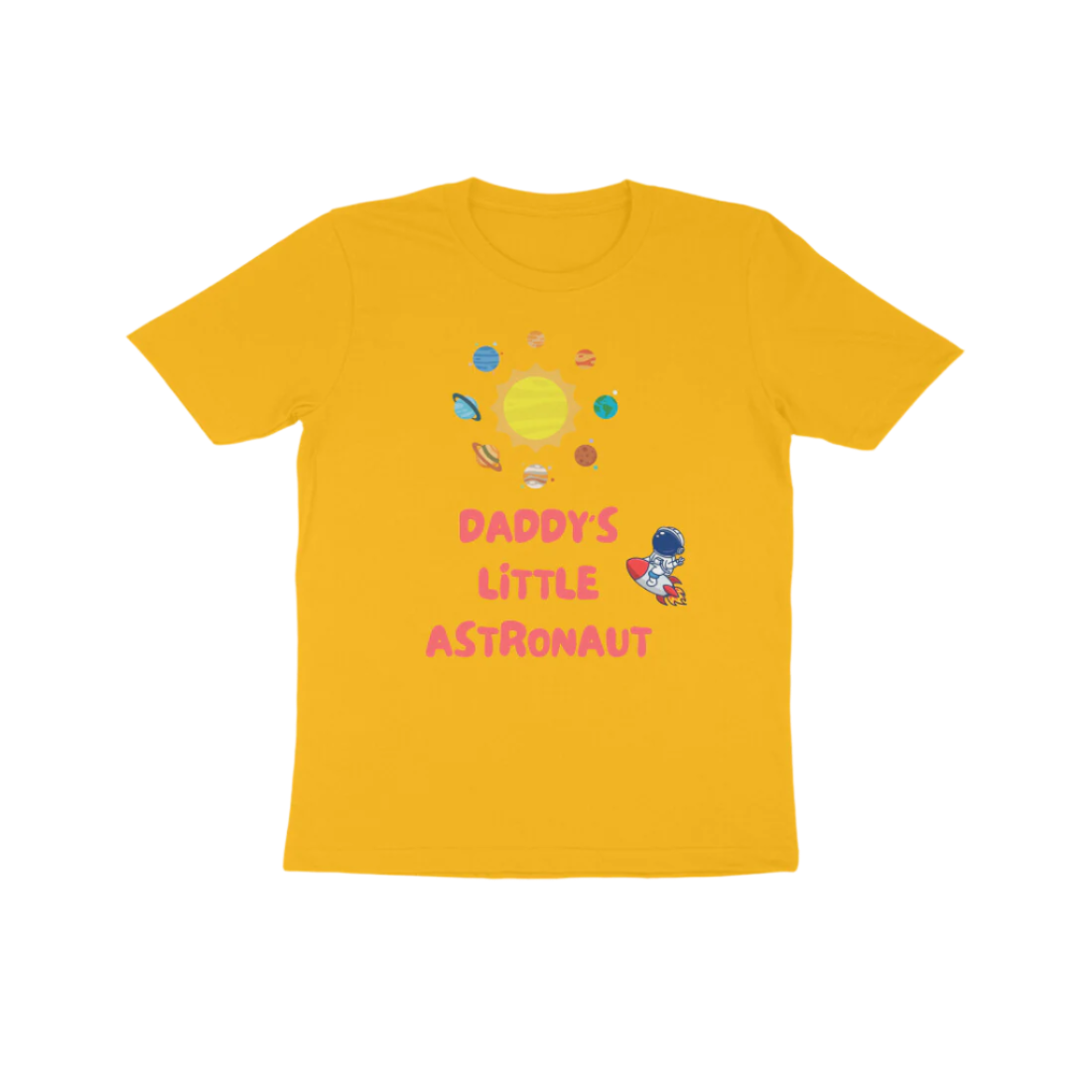 Daddy’s Little Astronaut Kid’s T-Shirt in golden yellow color from Store Asmi featuring astronaut space theme design.