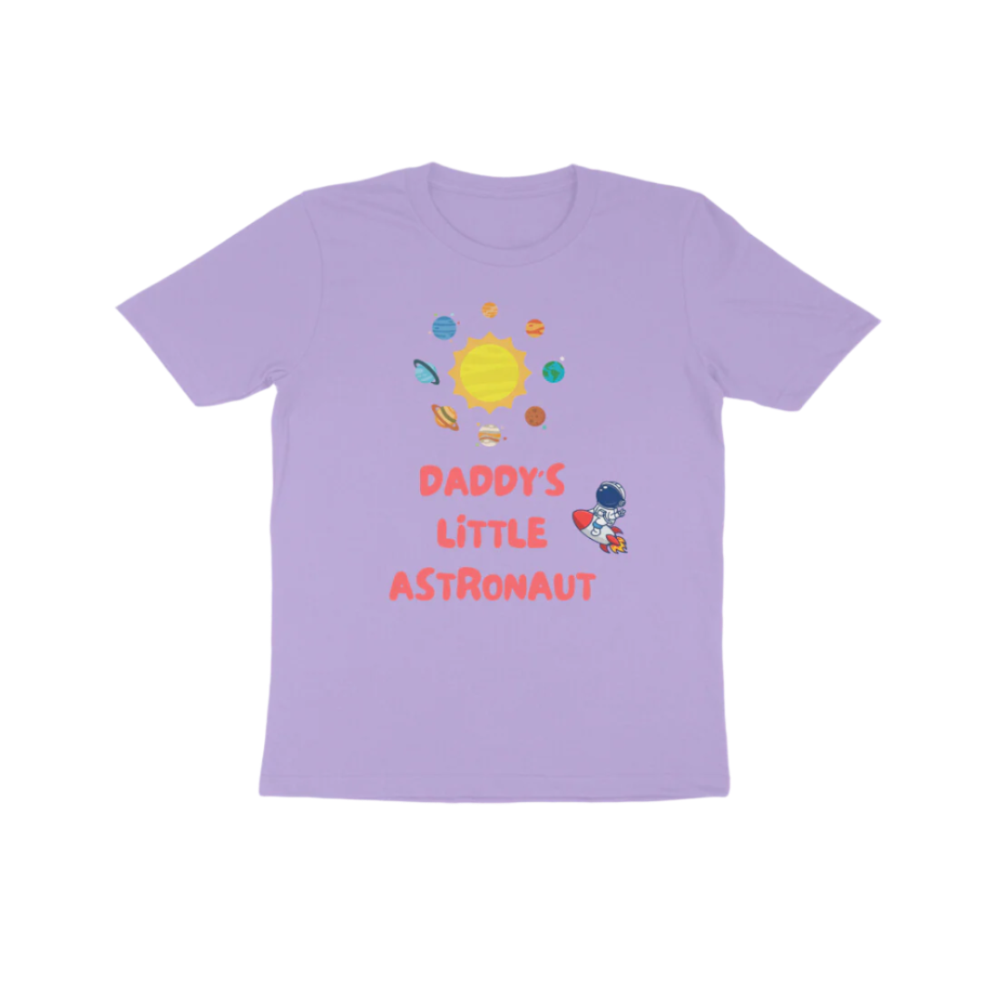Daddy’s Little Astronaut Kid’s T-Shirt in iris lavender color from Store Asmi featuring astronaut space theme design.
