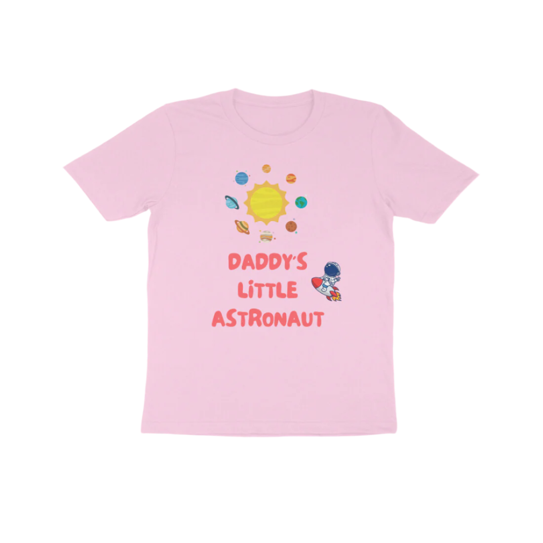 Daddy’s Little Astronaut Kid’s T-Shirt in light pink color from Store Asmi featuring astronaut space theme design.