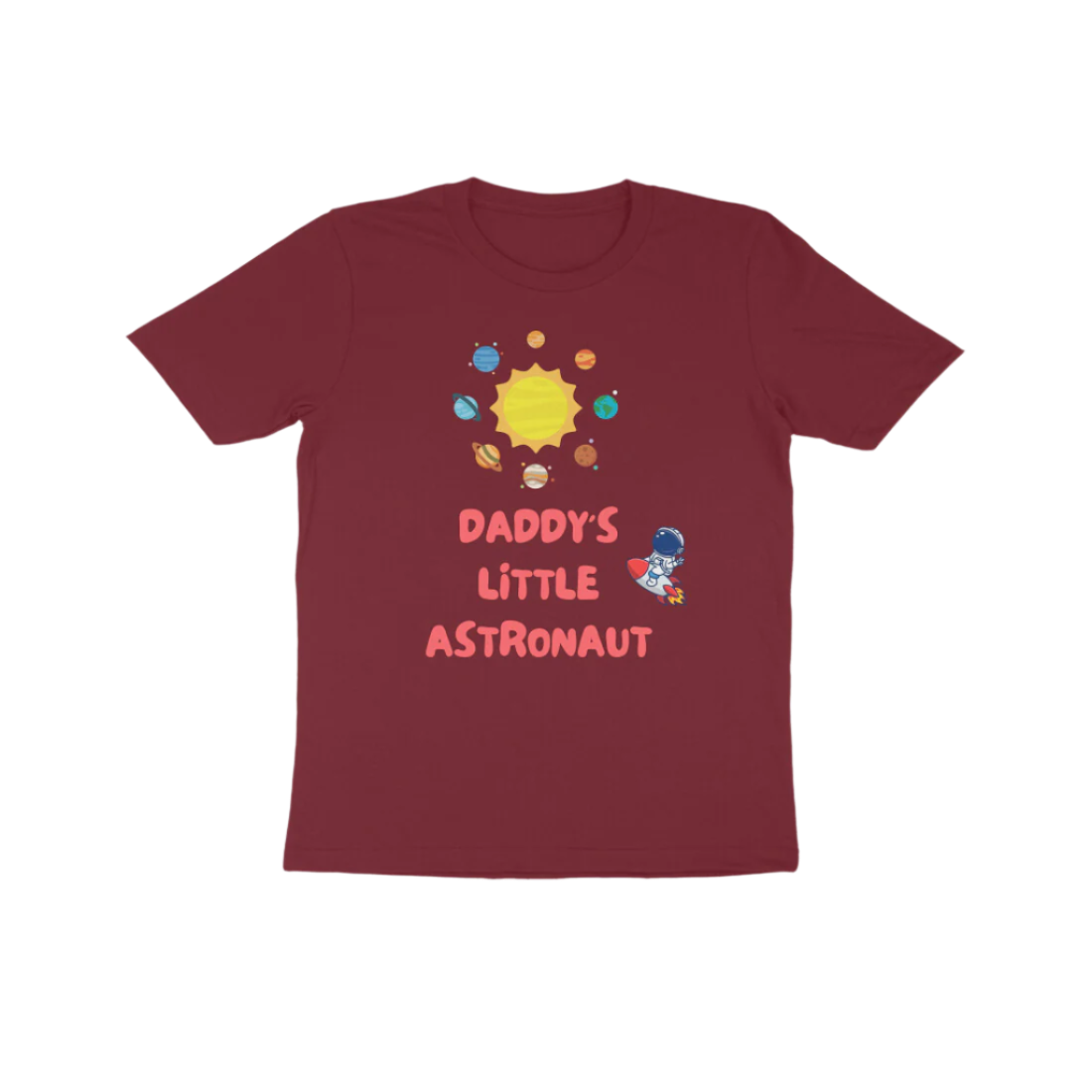 Daddy’s Little Astronaut Kid’s T-Shirt in maroon color from Store Asmi featuring astronaut space theme design.