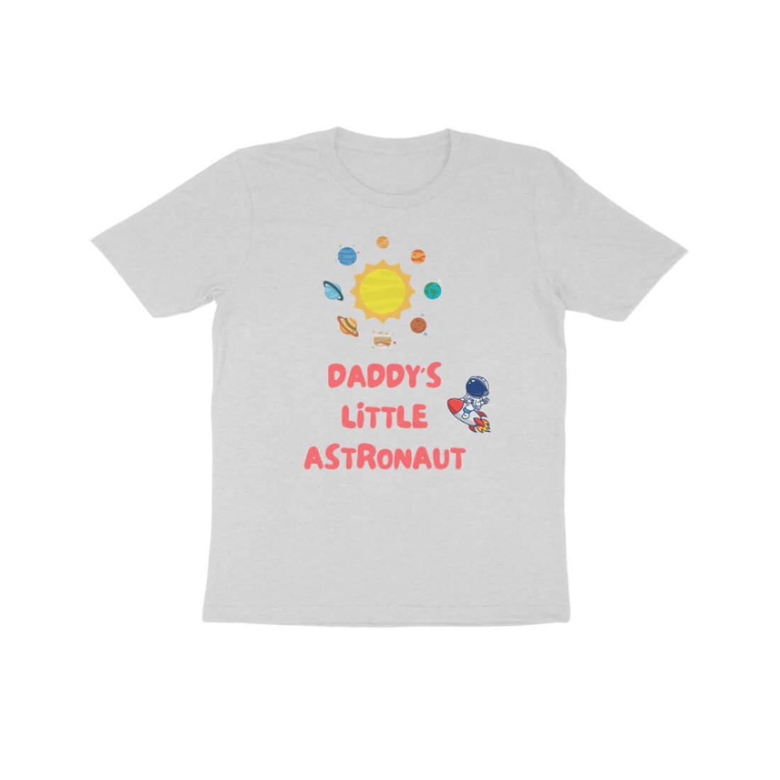 Daddy’s Little Astronaut Kid’s T-Shirt in melange grey color from Store Asmi featuring astronaut space theme design.