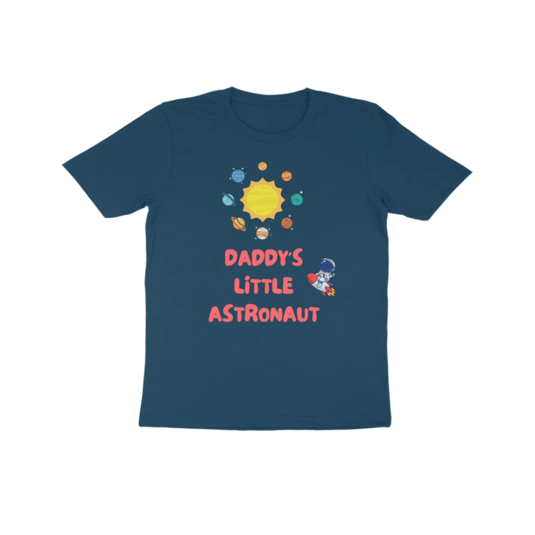 Daddy’s Little Astronaut Kid’s T-Shirt in navy blue color from Store Asmi featuring astronaut space theme design.