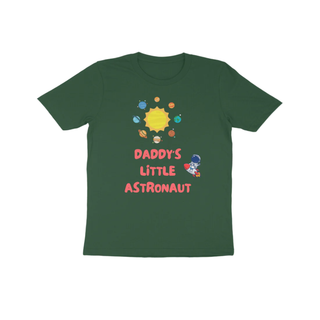 Daddy’s Little Astronaut Kid’s T-Shirt in olive green color from Store Asmi featuring astronaut space theme design.