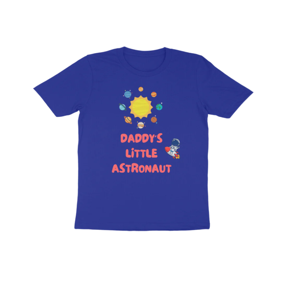 Daddy’s Little Astronaut Kid’s T-Shirt in royal blue color from Store Asmi featuring astronaut space theme design.
