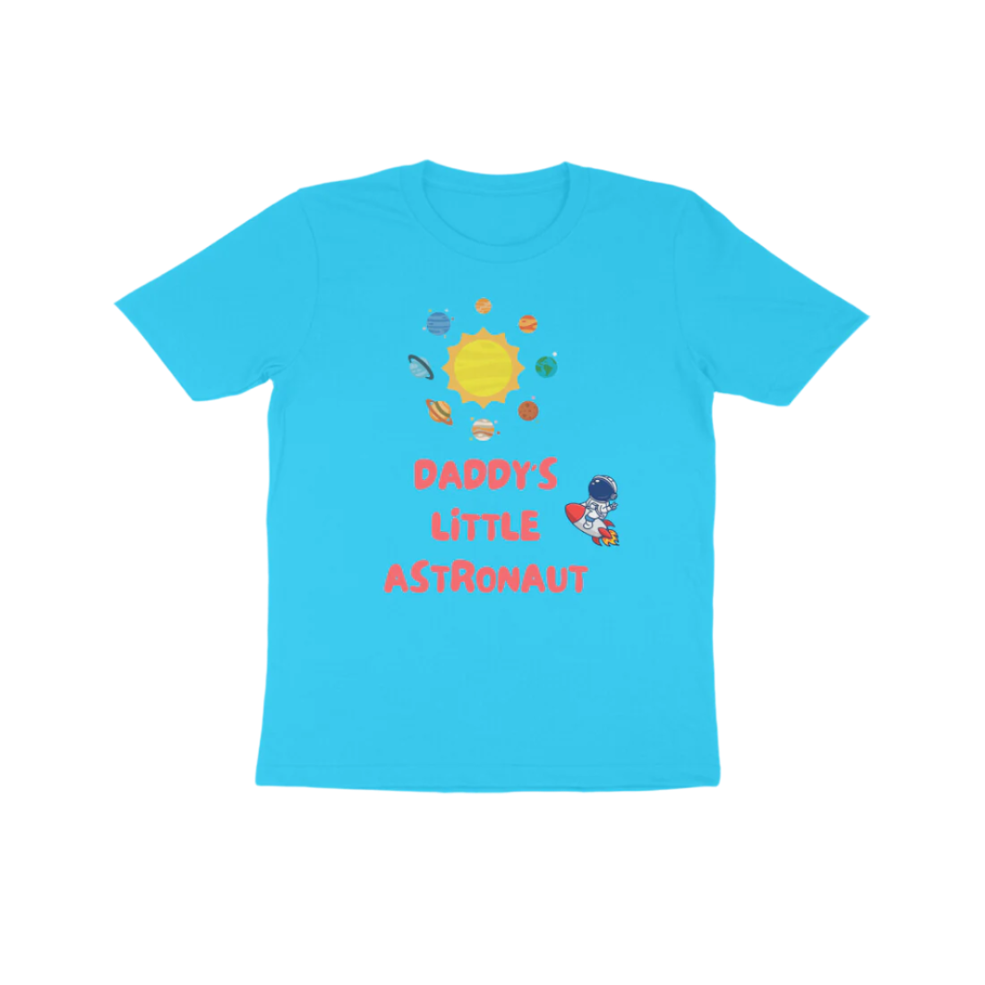 Daddy’s Little Astronaut Kid’s T-Shirt in sky blue color from Store Asmi featuring astronaut space theme design.