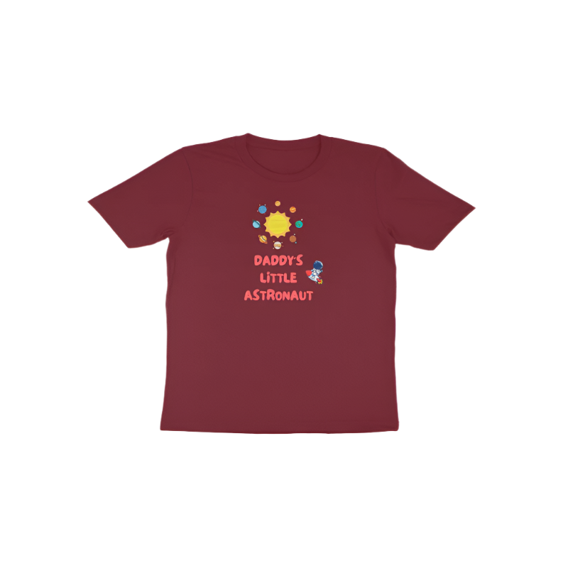 Daddy’s Little Astronaut Toddler’s T-Shirt in maroon color from Store Asmi featuring astronaut space theme print.