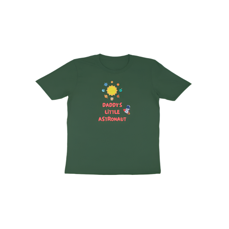 Daddy’s Little Astronaut Toddler’s T-Shirt in olive green color from Store Asmi featuring astronaut space theme print.