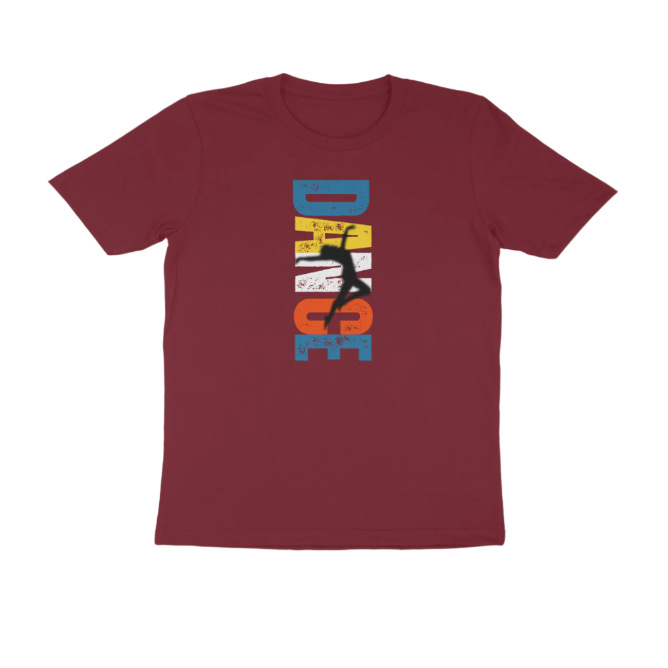 Dance Men’s Maroon Round Neck Graphic Printed T-Shirt from Store Asmi featuring dancer silhouette and bold typography.